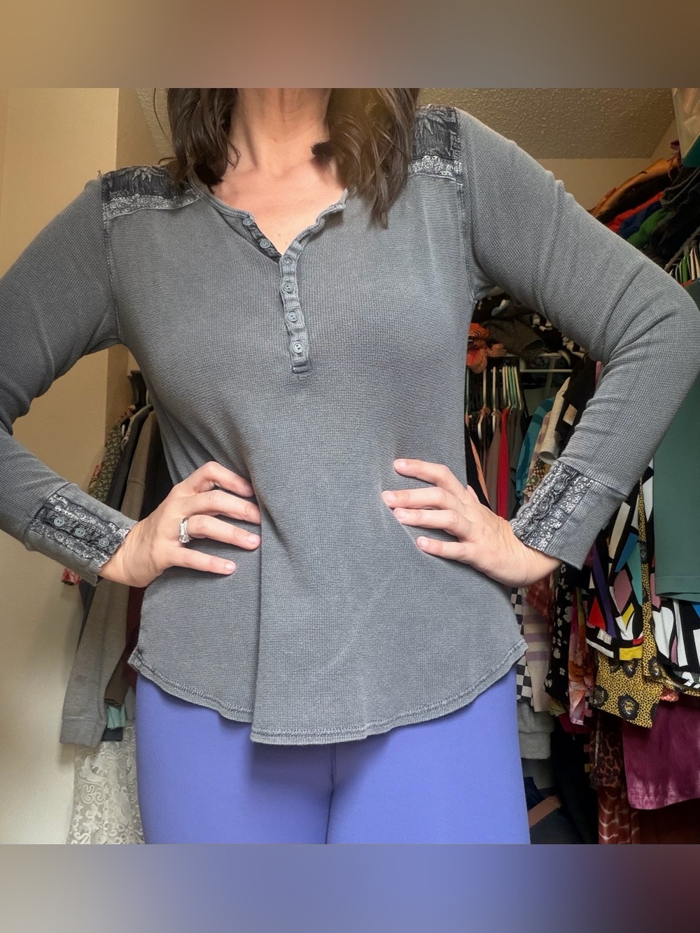 Lucky Brand Gray Long-Sleeve Henley with Lace Trim